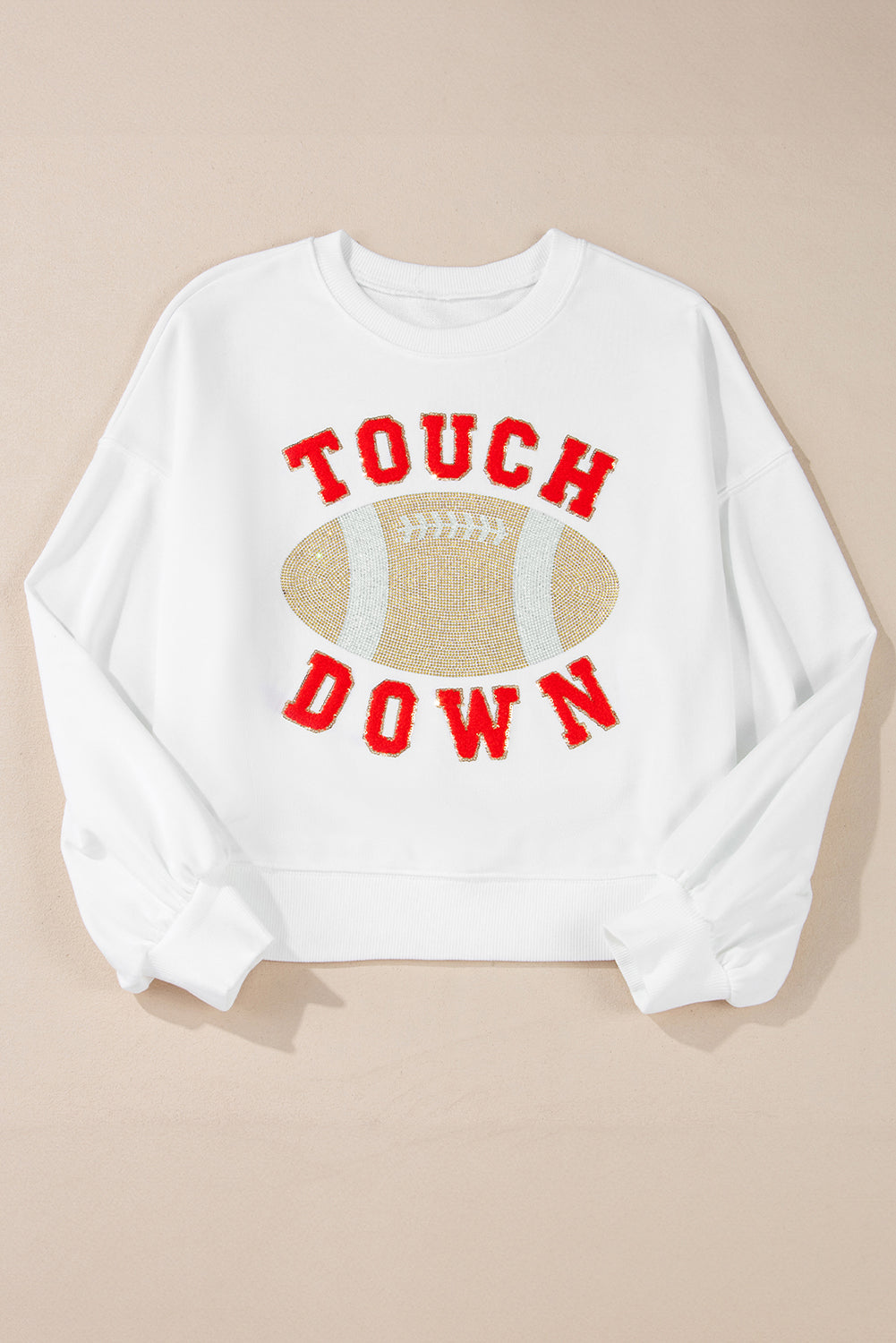 White TOUCH DOWN Football Graphic Pullover Sweatshirt