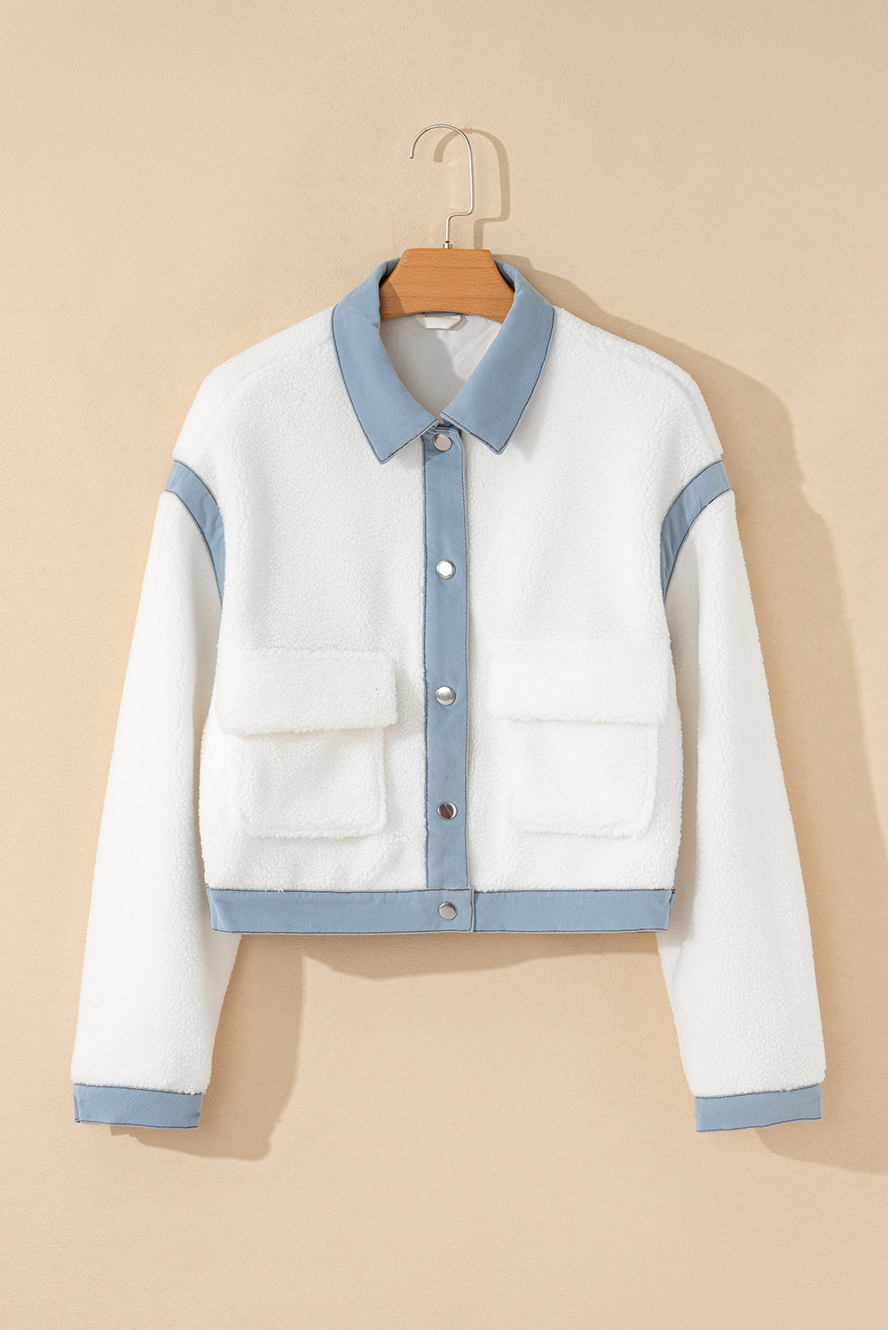 White Contrast Trim Buttoned Sherpa Jacket