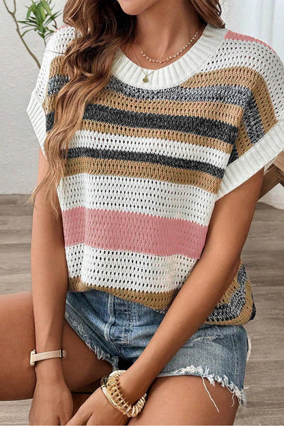 Pink Stripe Color Block Eyelet Knit Short Sleeve Sweater Tee