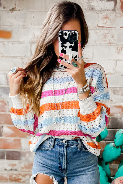 Striped Hollowed Knitted Loose Sweater