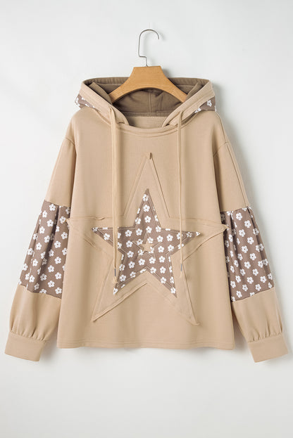 Apricot Floral Patchwork Star Pattern Drawstring Hoodie