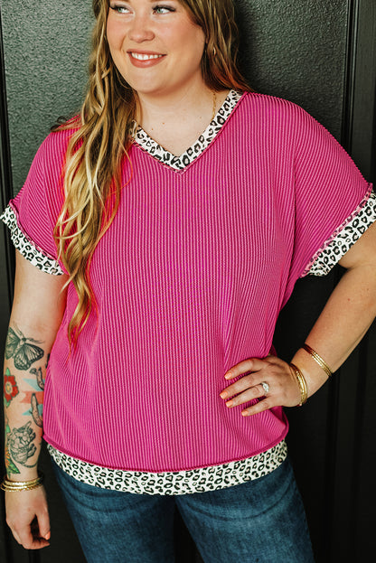 Rose Red Leopard Trim V Neck Short Sleeve Plus Size Corded Top