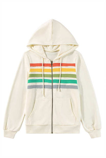 Apricot Colorblock Striped Patchwork Side Pockets Zipper Hoodie