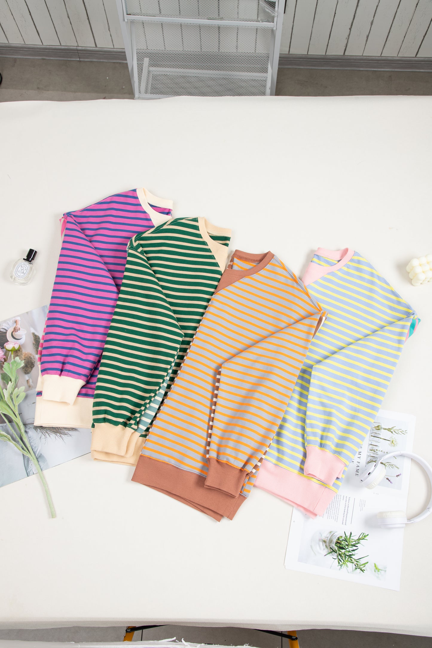 Pink Stripe Casual Stripe Colorblock Drop Shoulder Oversize Sweatshirt