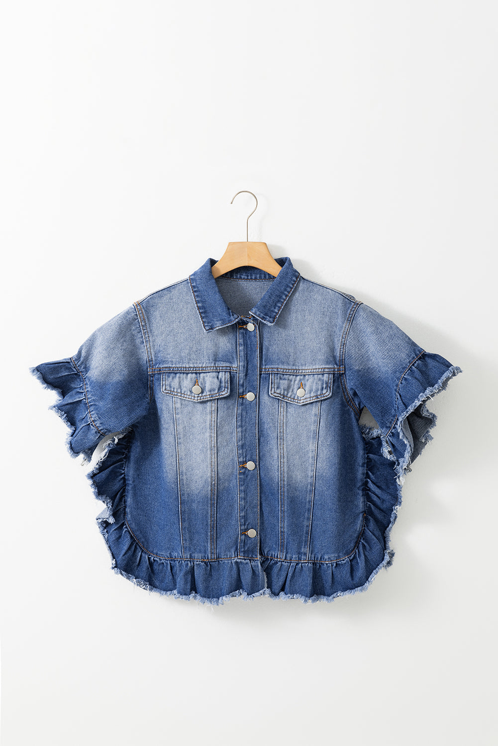 Peacock Blue Raw Edge Ruffled Short Sleeve Denim Jacket