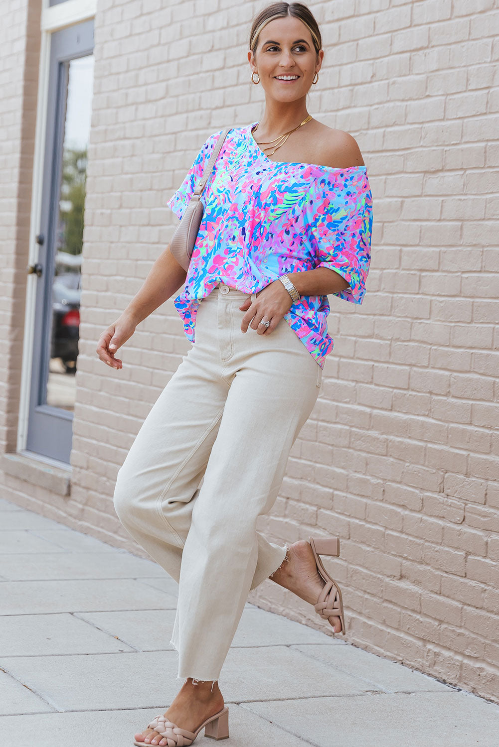 Sky Blue Loose Painted Floral Tee