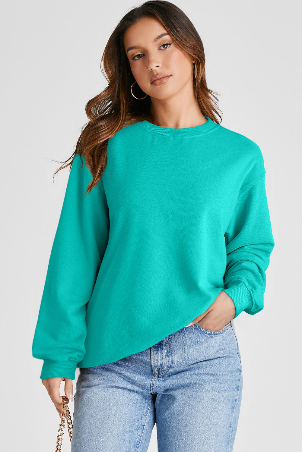 Aruba Blue Plain Drop Shoulder Crewneck Pullover Sweatshirt