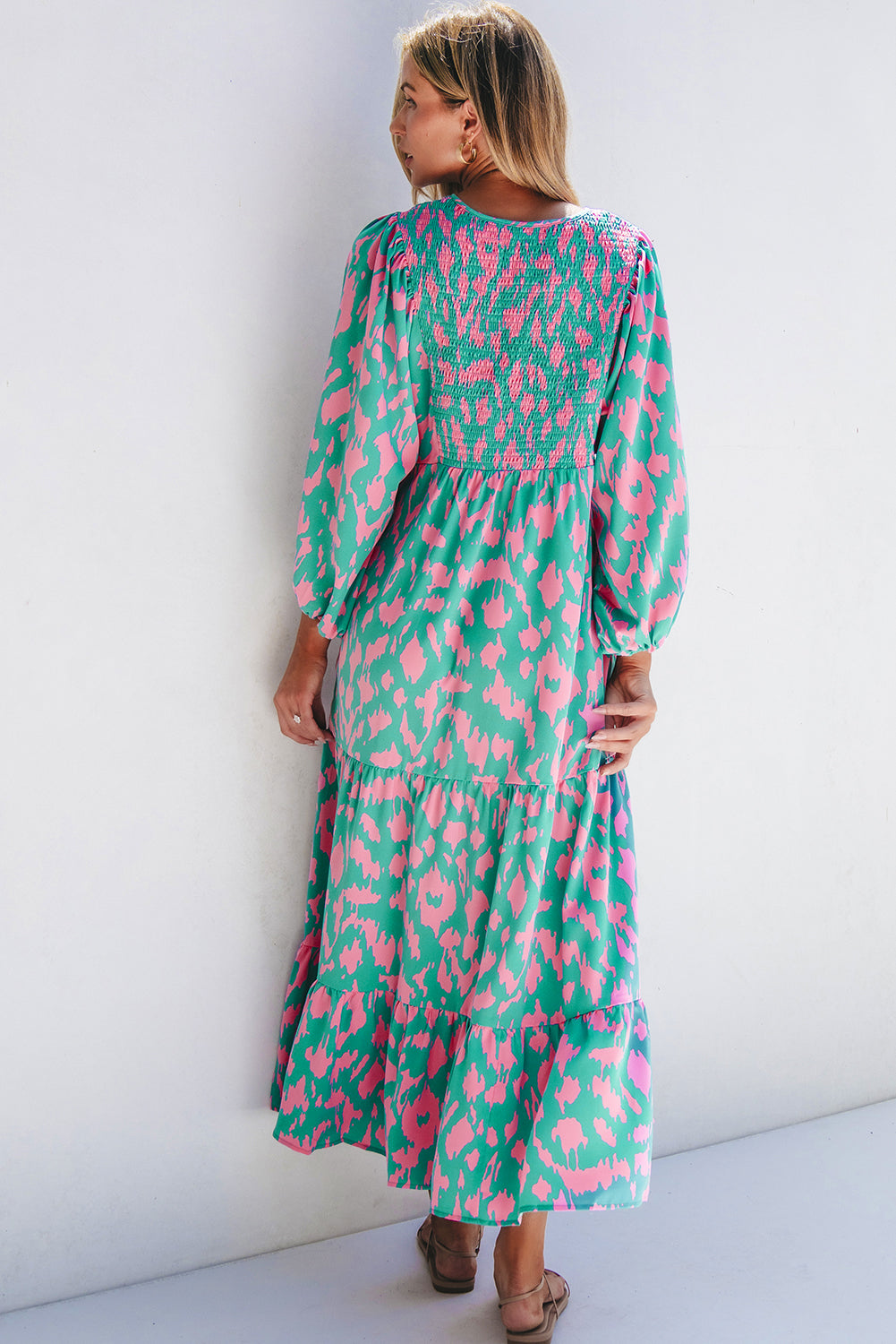 Green Abstract Print Puff Sleeve Long Dress