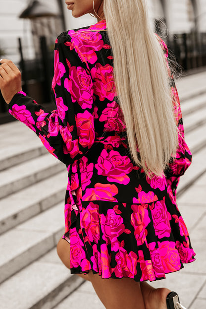 Rose Floral Print V Neck Wrap Bishop Sleeve Ruffle Tiered Mini Dress