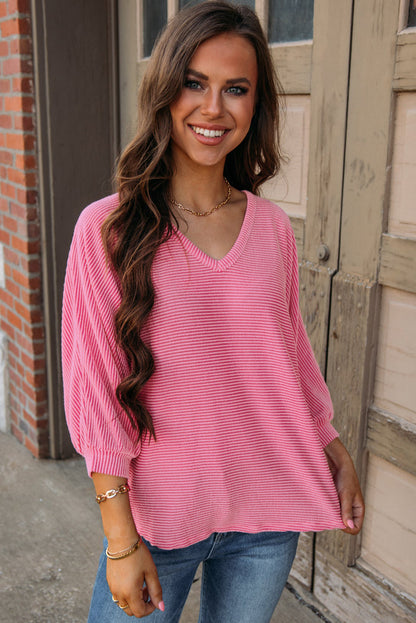 Strawberry Pink Striped Print Bracelet Sleeve V Neck Top