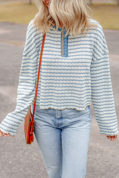 Sky Blue Stripe Textured Frilly Trim Buttons Henley Long Sleeve Top