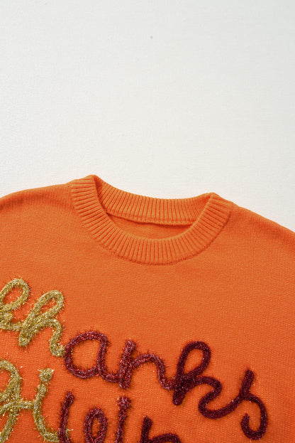 Russet Orange Thanksgiving Tinsel Drop Shoulder Crew Neck Sweater