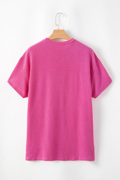 Pink Pocketed Knit T-Shirt - Loose Fit & Corded Design