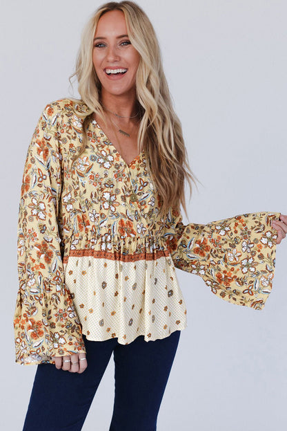 Yellow Printed Floral Bell Sleeve V Neck Wrapped Contrast Peplum Blouse