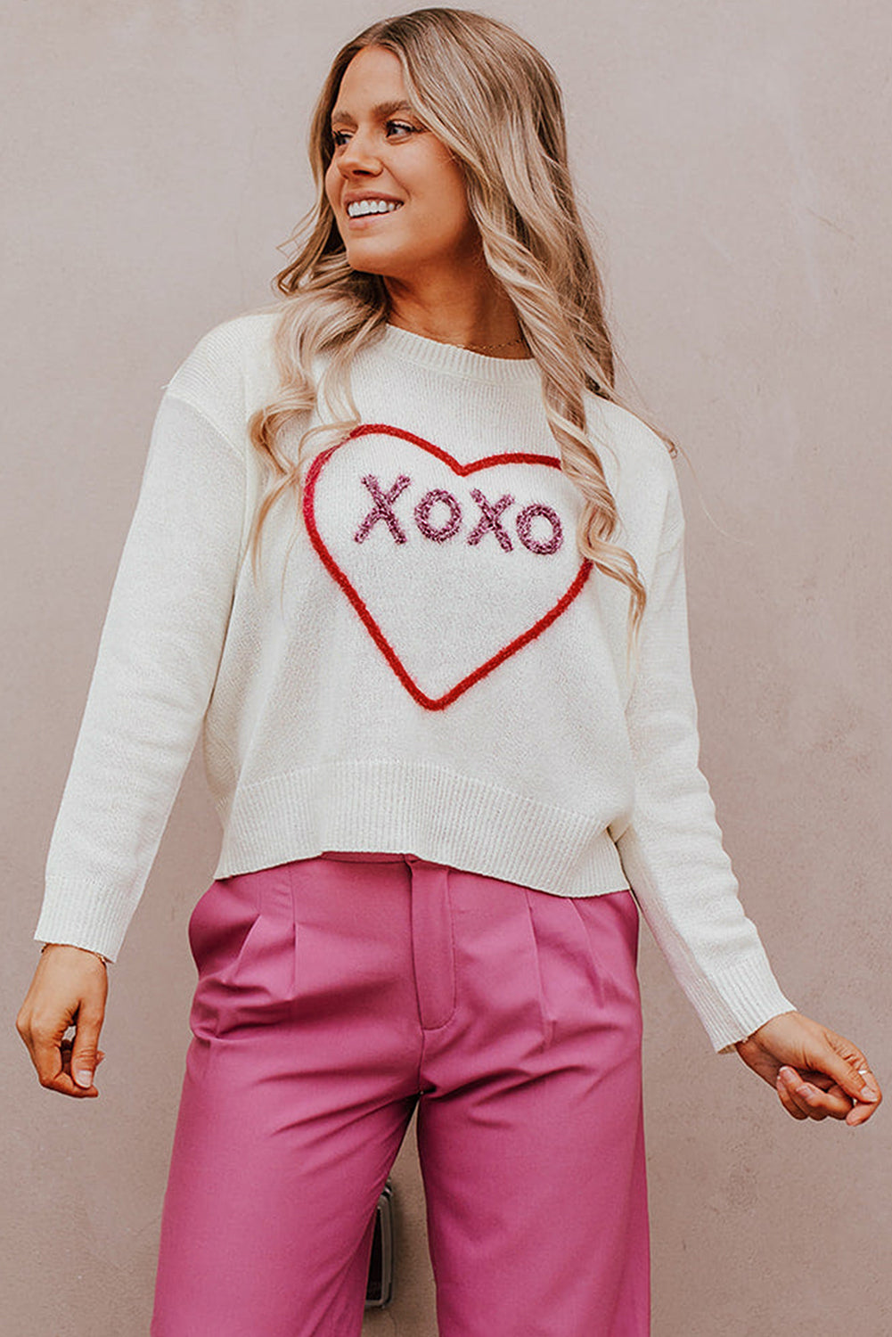 White Heart XOXO Pattern Drop Shoulder Rib Knit Sweater