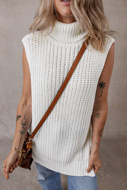 White Turtleneck Knitted Slit Hem Sweater Vest