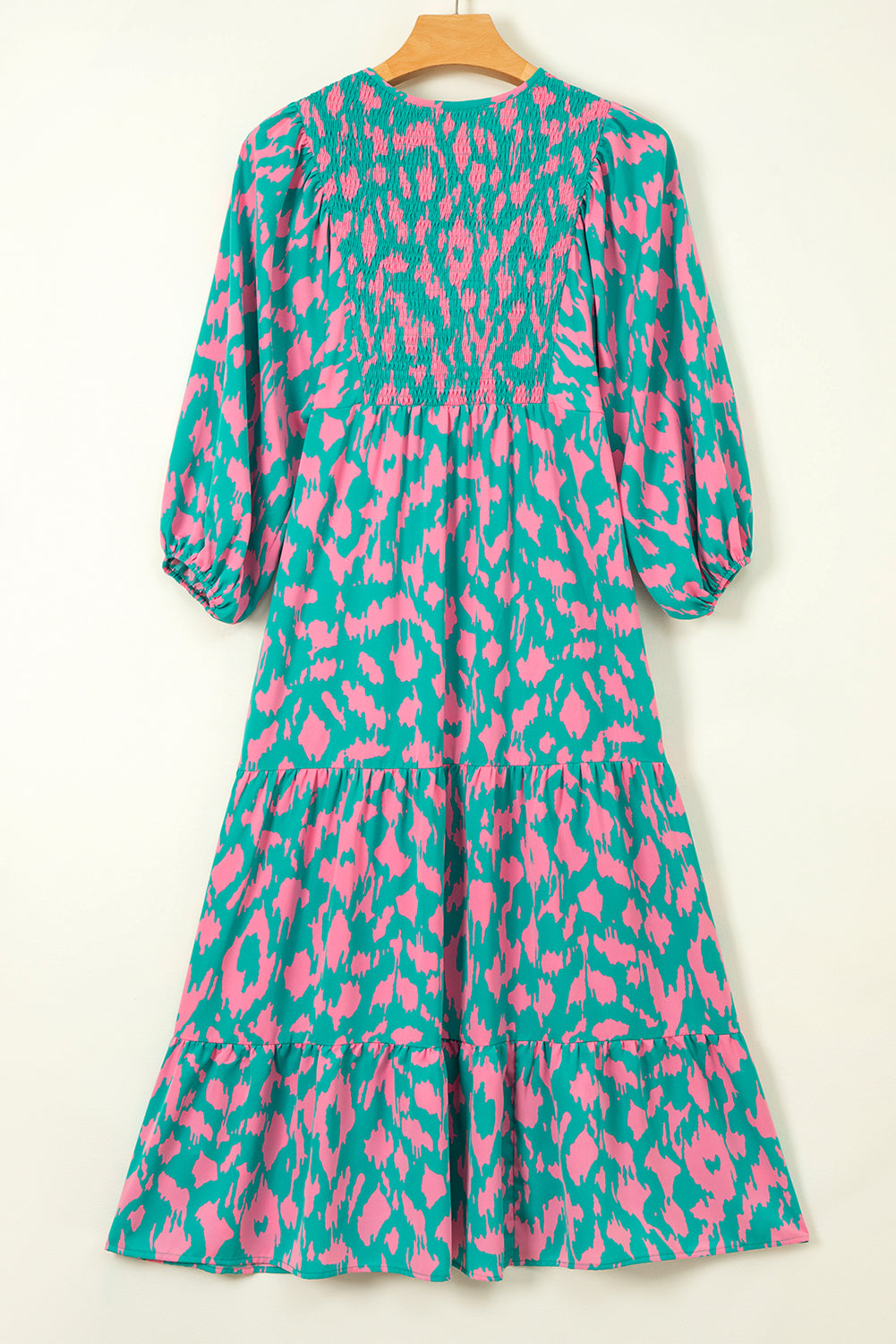 Green Abstract Print Puff Sleeve Long Dress