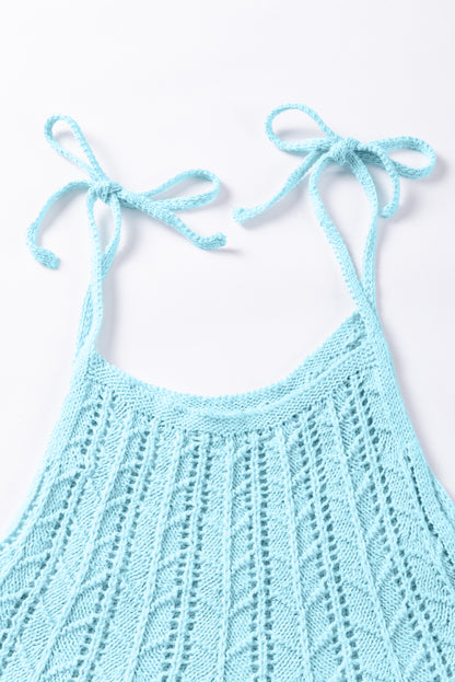 Beau Blue Tied Shoulder Pointelle Knit Tank Top