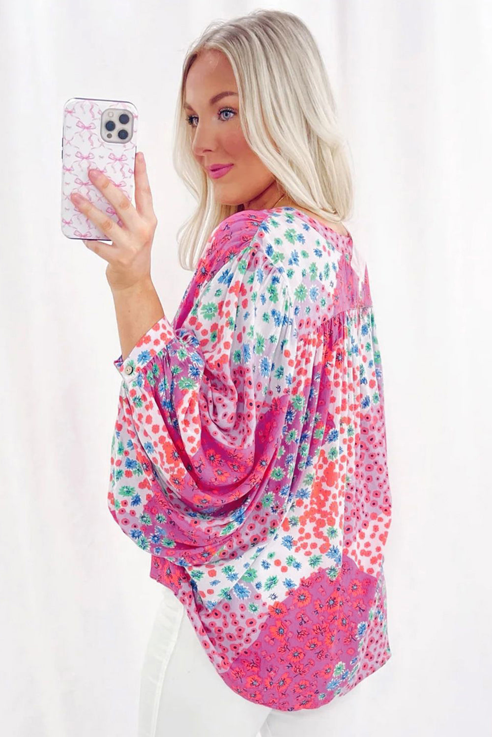 Rose Red Floral Allover Print Buttoned V Neck Oversized Shirt