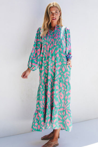 Green Abstract Print Puff Sleeve Long Dress