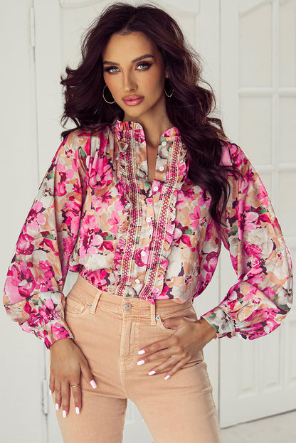 Red Floral Print Ruffled Stitch Buttoned Loose Fit Shirt