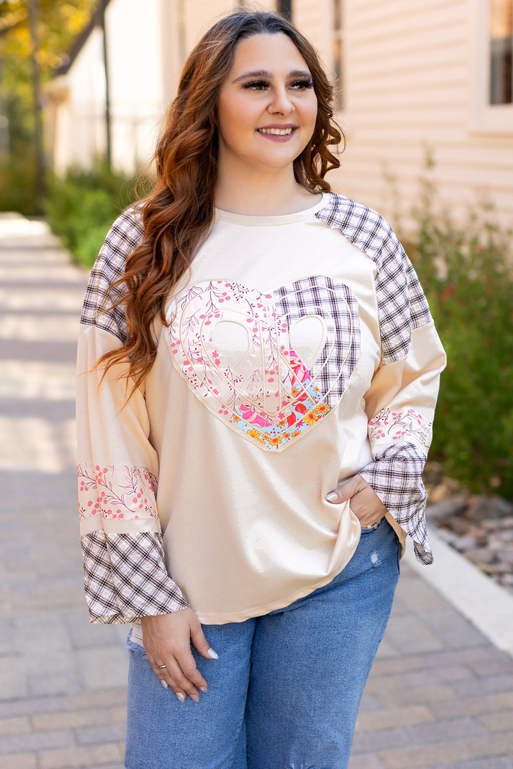 Beige Plaid Floral Peace Heart Graphic Wide Long Sleeve Top