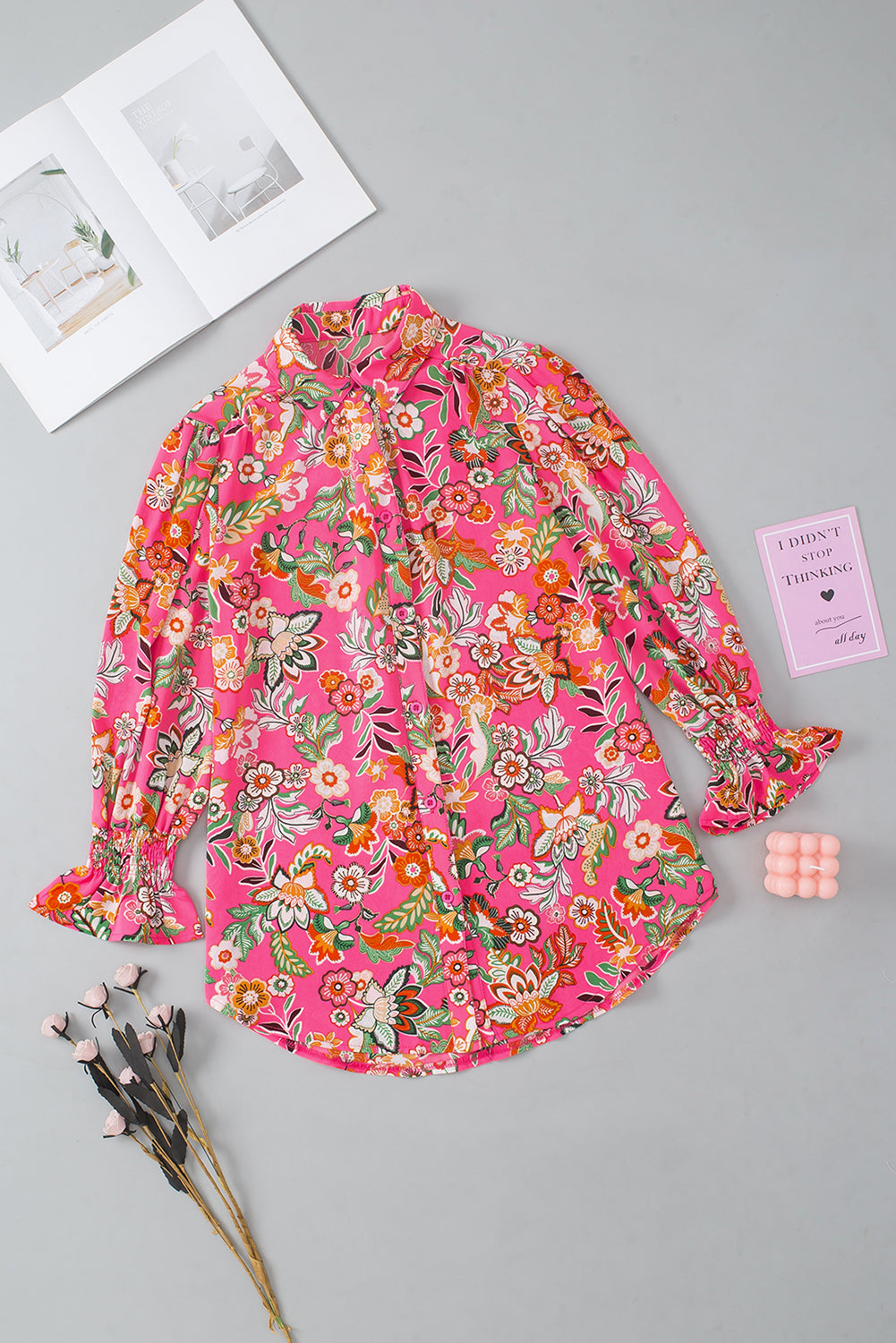 Strawberry Pink Floral Print Smocked Cuff Puff Sleeve Shirt