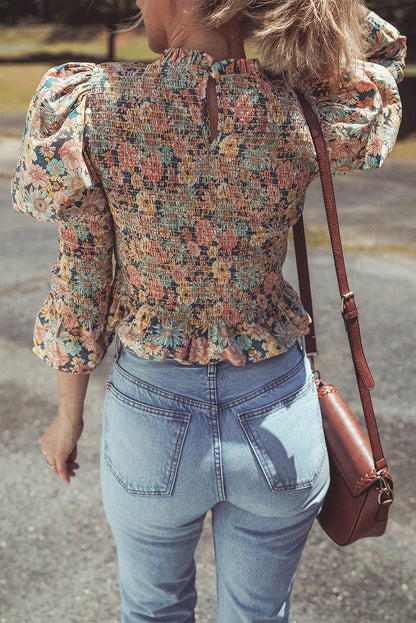 Yellow Floral Print Smocked Bubble Sleeve Ruffled Crop Top