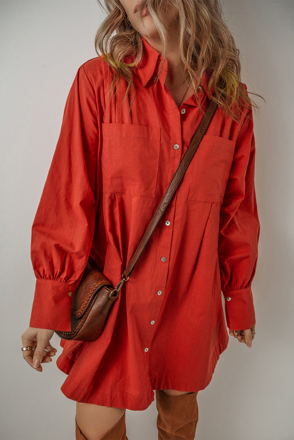 Tomato Red Bishop Sleeve Button Up Pleated Mini Shirt Dress