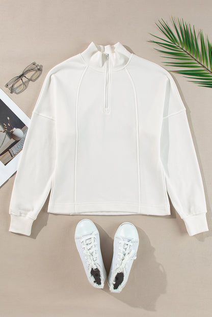 White Zipped Neck Pullover Drop Shoulder Sweatshirt