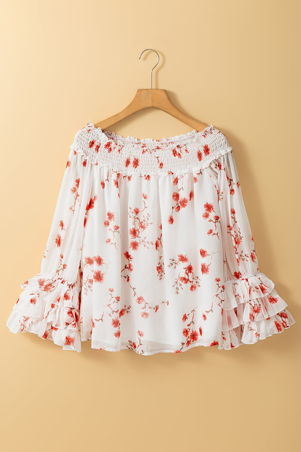 White Floral Print Shirred Off Shoulder Ruffled Sleeve Blouse