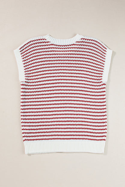 Red Stripe Ribbed Trim Loose Fit Knitted Sweater Vest