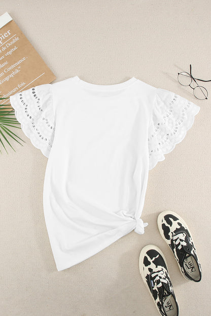 White Hollow Out Ruffle Sleeve T-shirt