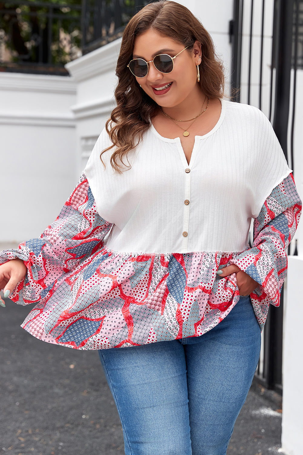 Apricot Plus Size Printed Patchwork Textured Buttoned Blouse