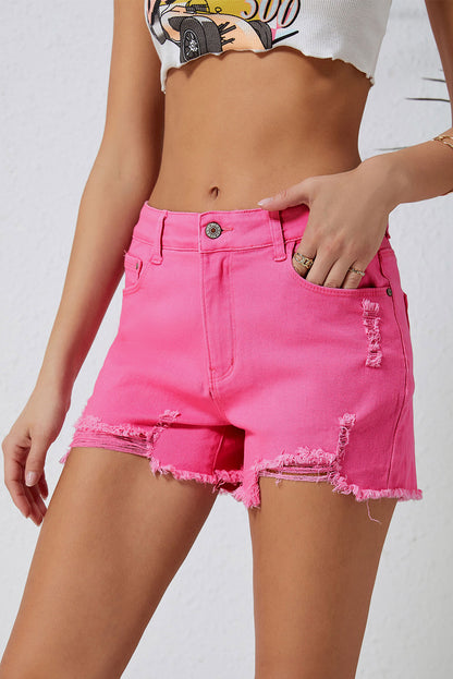 Rose Distressed Slim Fit High Waist Denim Shorts