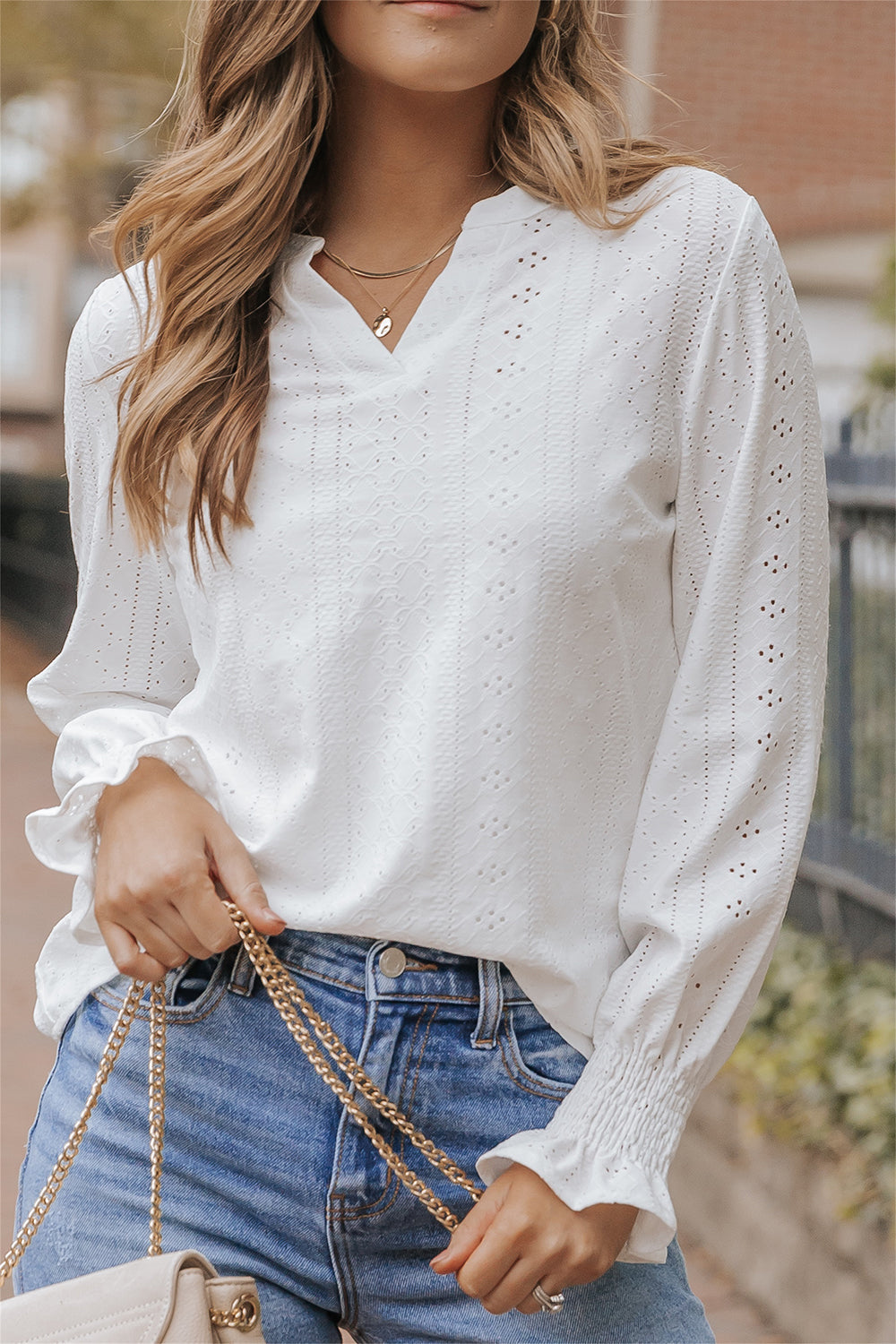 White Split Neck Textured Loose Blouse