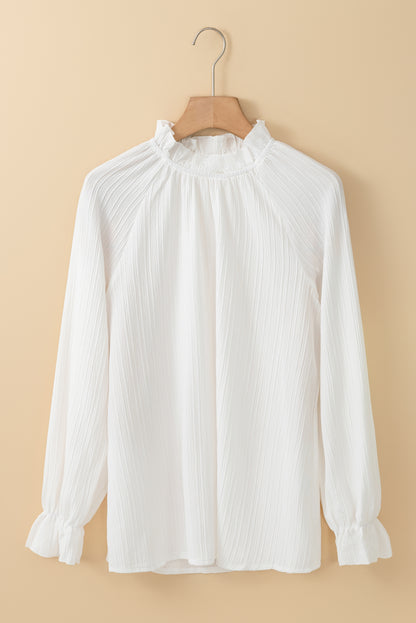 White Frilled Mock Neck Ripple Bubble Sleeve Blouse