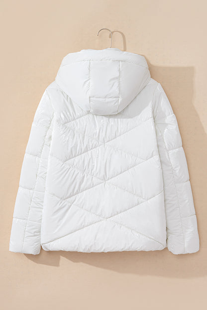 White Solid Quilted Hooded Zip Up Puffer Jackets