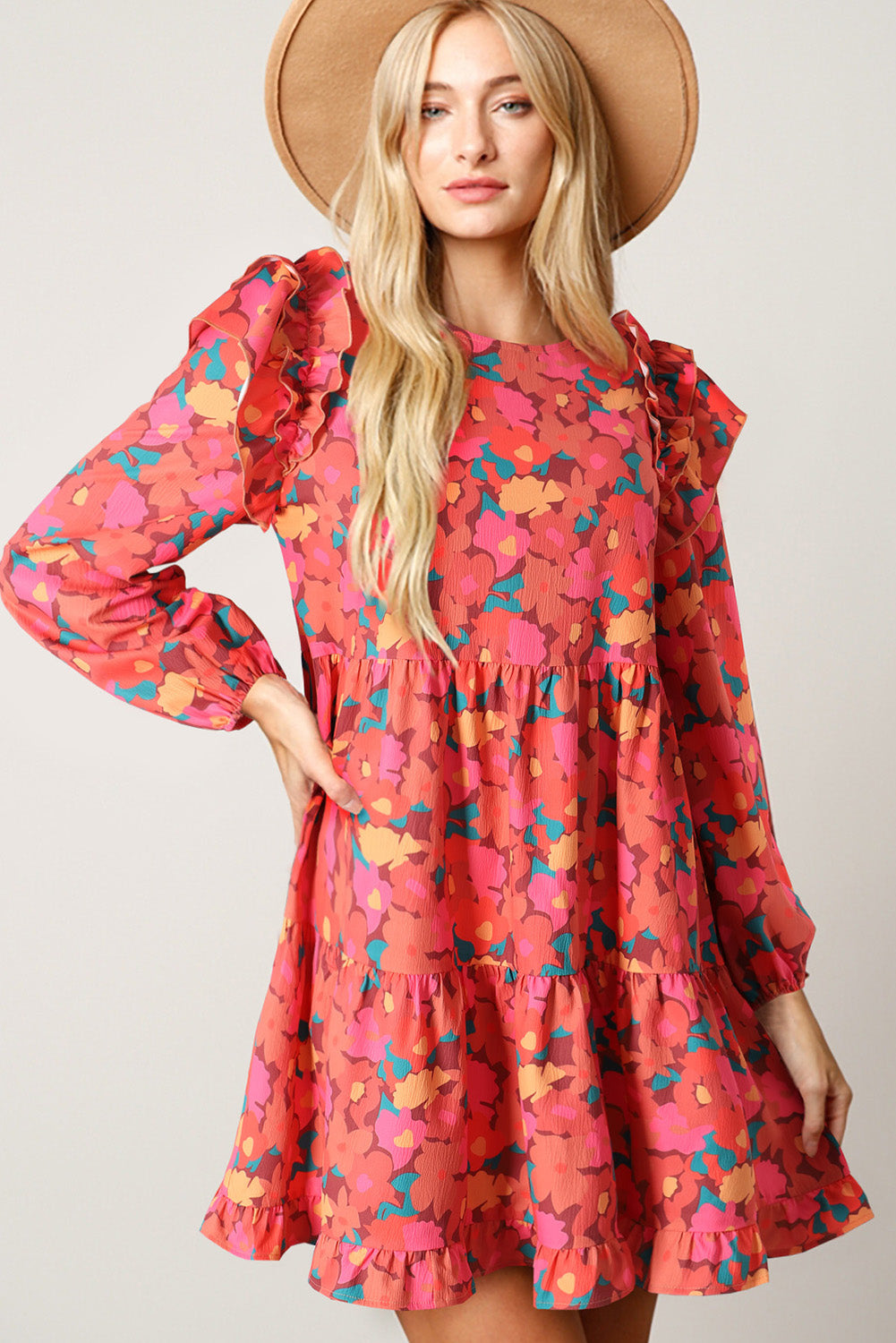 Rose Red Ruffle Shoulder Long Sleeve Floral Mini Dress