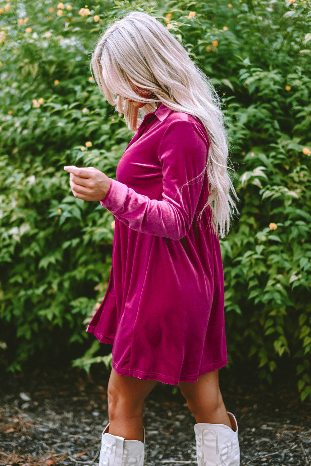 Rose Long Sleeve Ruffle Velvet Button Up Dress