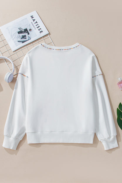 White Contrast Rainbow Trim Drop Shoulder Pullover Sweatshirt