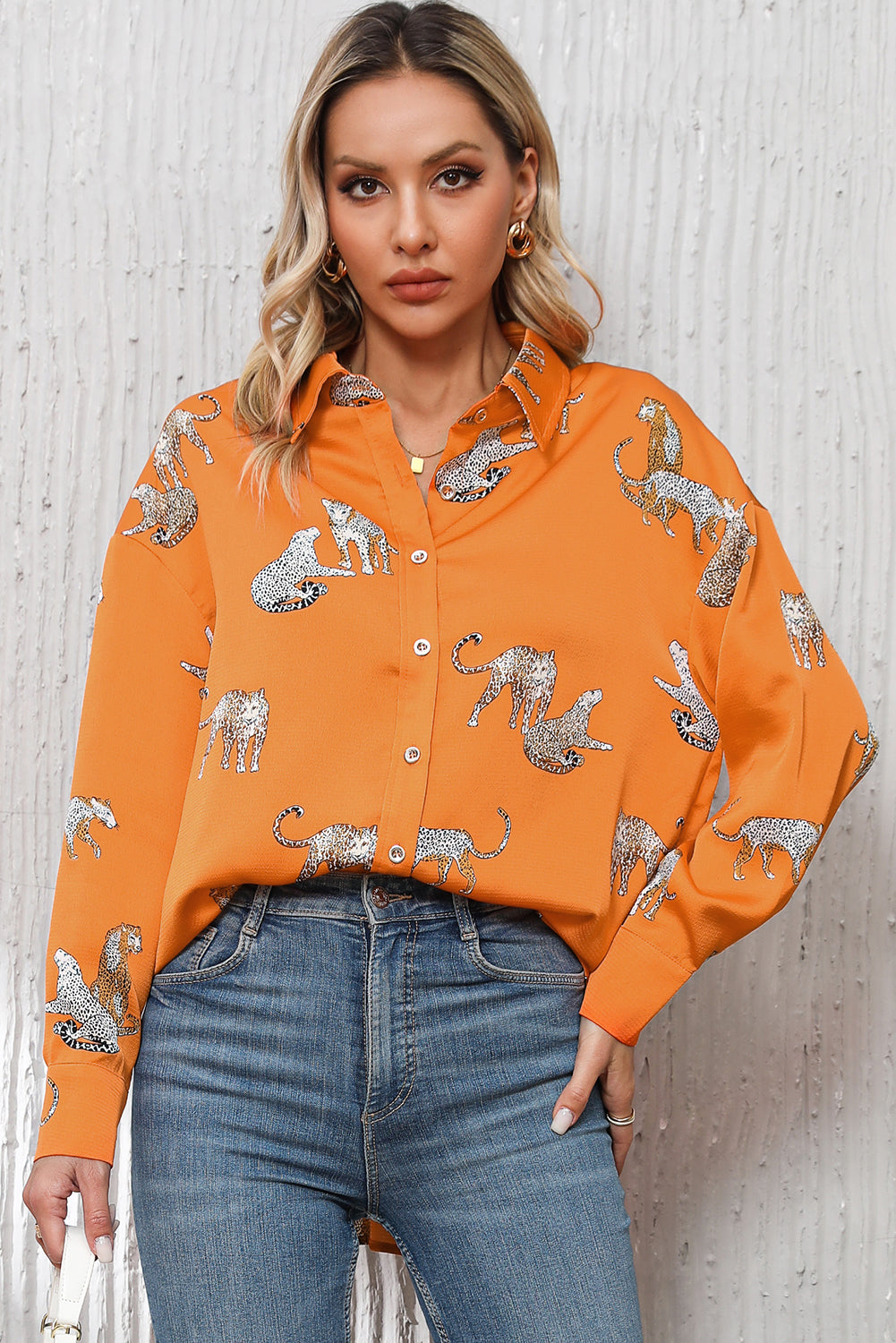 Russet Orange Cheetah Animal Print Button Up Satin Shirt