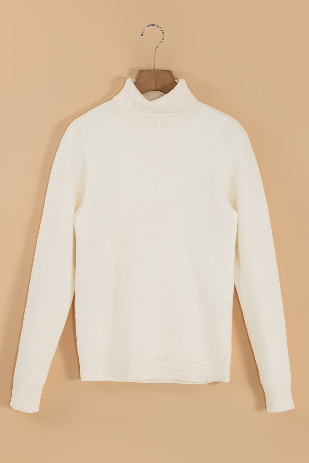 Beige Turtleneck Fleece Lined Knit Sweater