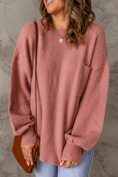 Solid Color Puffy Sleeve Pocketed Sweater