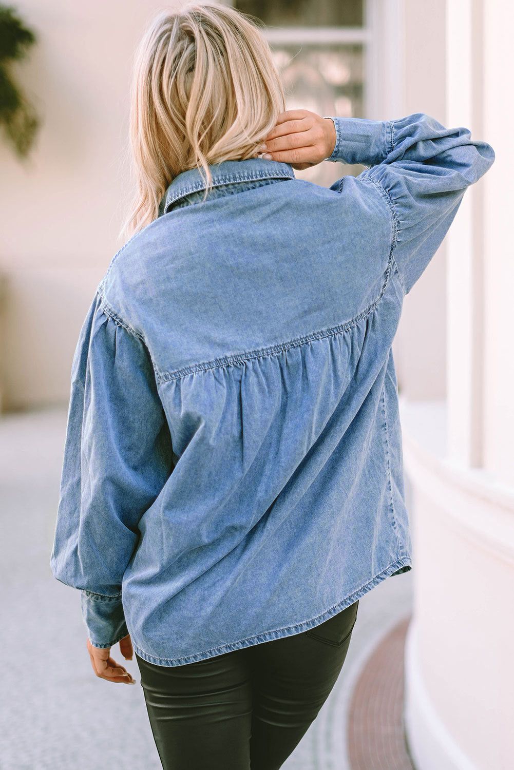 Sky Blue V-shape Stitching Puff Sleeve Denim Shirt