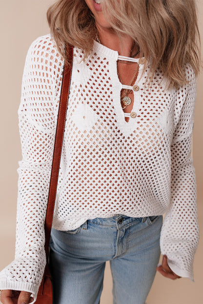 White Open Knit Buttoned Neck Split Sleeve Sweater