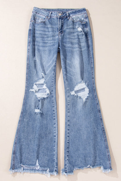 Dusk Blue High Rise Ripped Distressed Hem Flared Jeans