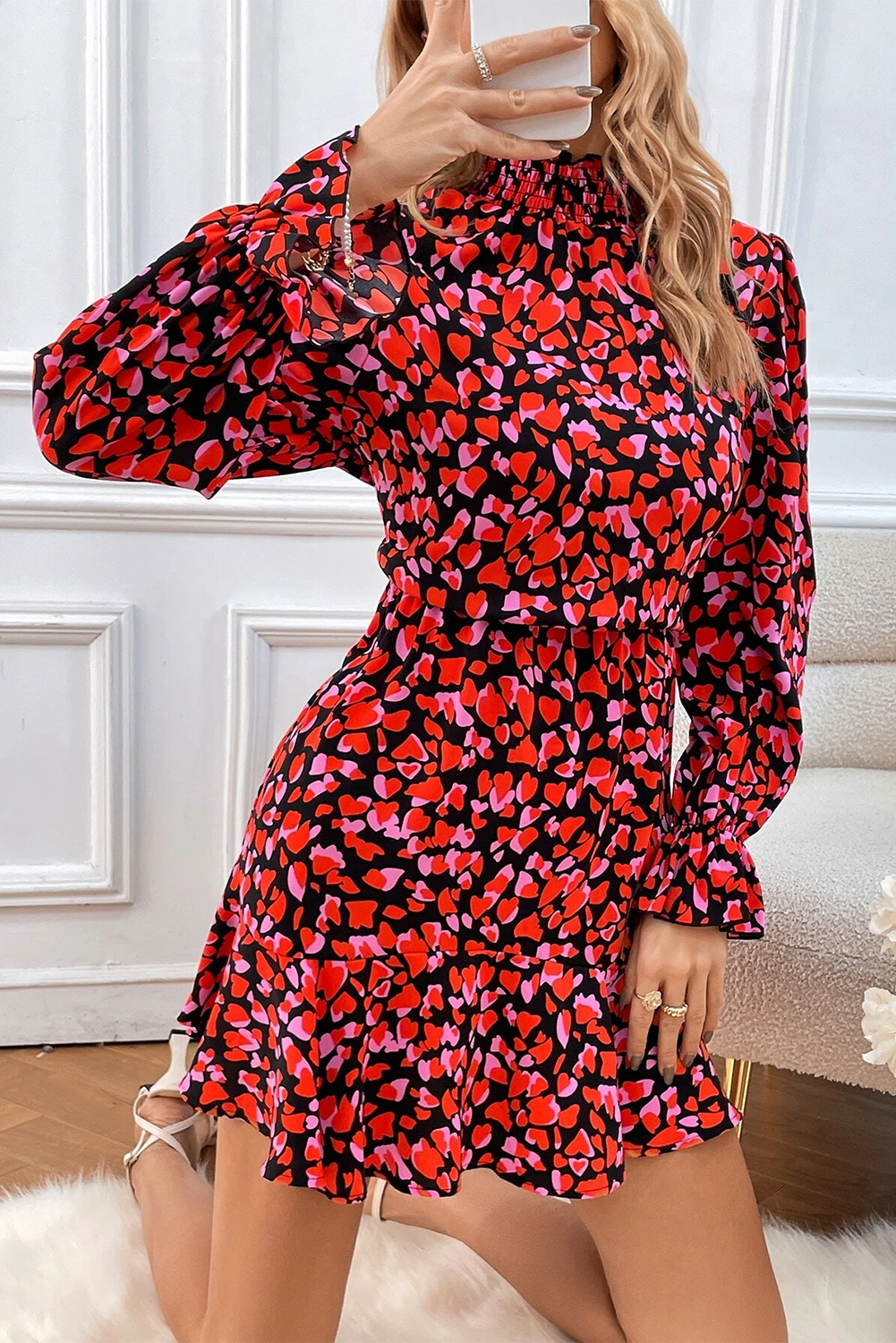 Red Valentines Day Heart Shape Print Long Sleeve Mini Dress