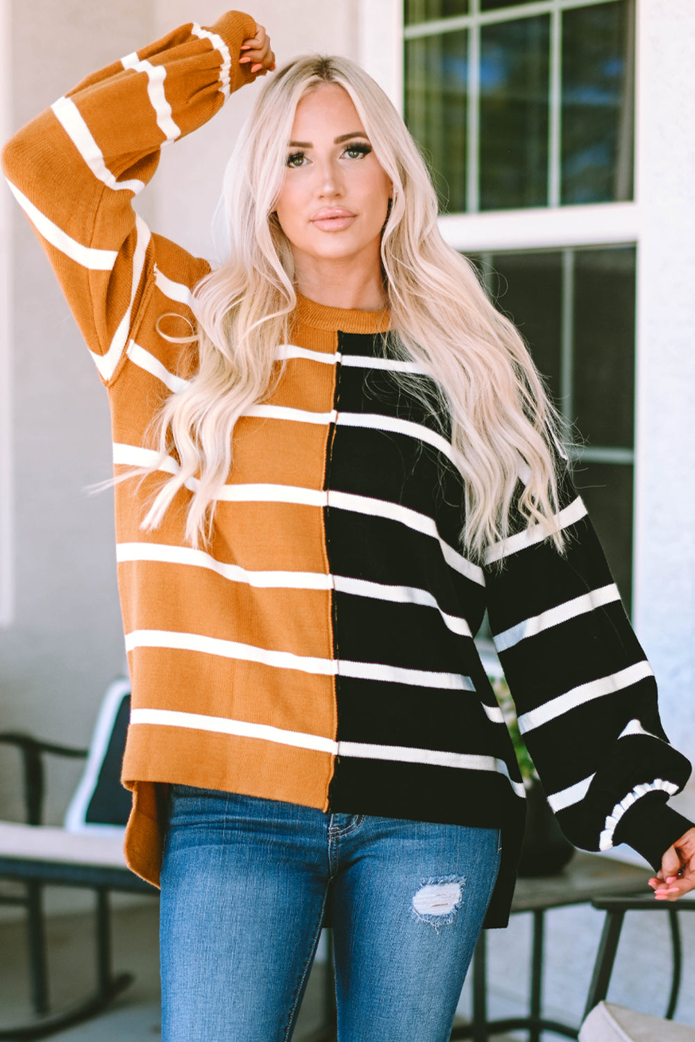 Stripe Oversized Contrast Printed Dropped Shoulder Top