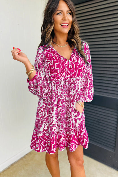 Rose Bohemian Print Puff Sleeve Tied V Neck Flared Mini Dress